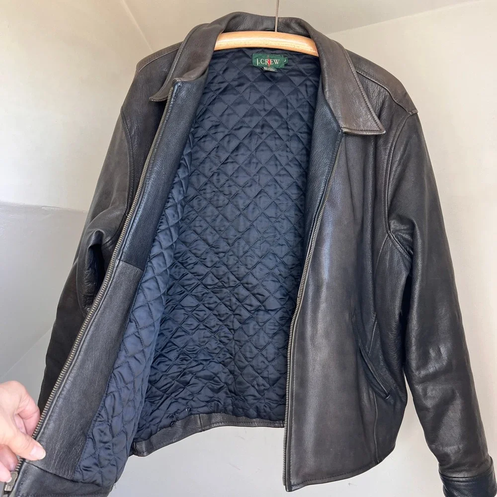 Vintage J. Crew Leather Jacket Size L Brown 90s Oarsman Full Zip Bomber Coat